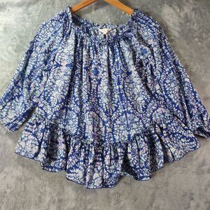 Rebecca Taylor Women 100%Silk Floral Ruffle Hem Top XS Blue Romantic Boho Spring